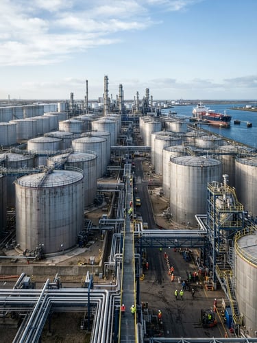 Wide-angle architectural shot of massive steel industrial storage tanks at a modern petrochemical logistics hub, crisp cool daylight, sharp focus, deep blues and metallic grays, 35mm