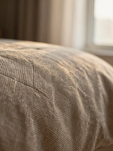 Extreme close-up of premium woven textile showing delicate threads and rich texture, soft golden-hour window light, muted earth tones, shallow depth of field