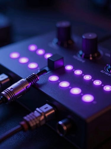 Tight macro shot of a high-end audio interface, glowing purple LED indicator lights, patch cables plugged in, dark moody recording studio background, 35mm