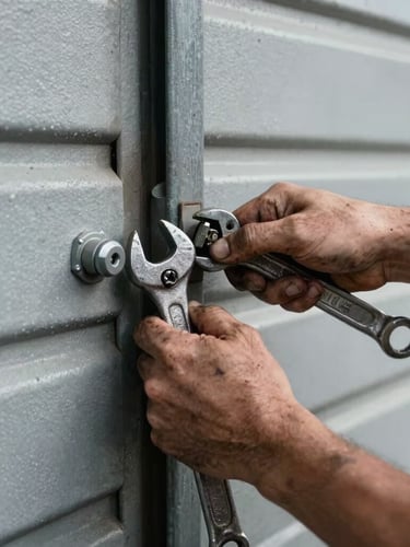 Close-up of grease-stained hands tightening a heavy steel garage door bolt with a vintage wrench, harsh work-light casting deep shadows, industrial grit.