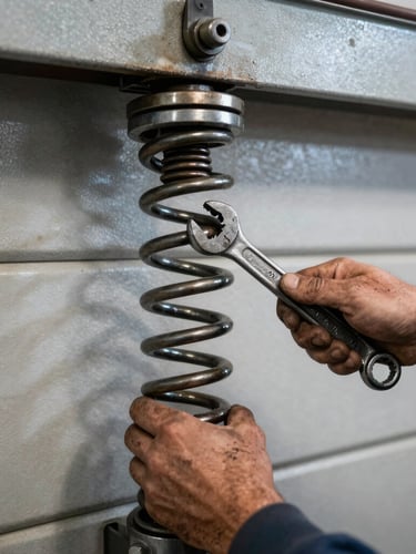 A close-up of a mechanic's grease-stained hands tightening a heavy steel garage door torsion spring with a solid iron wrench, harsh direct work-light, high contrast