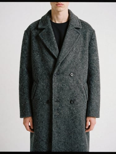 Model in a structured, solitary pose against a stark white studio backdrop, wearing a heavy monochromatic charcoal wool overcoat, sharp focus, desaturated tones, medium format film look