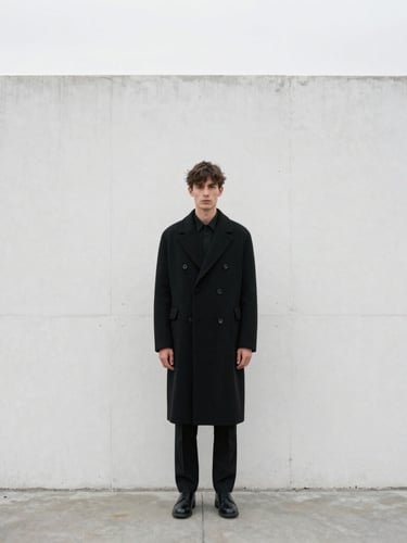 Solitary model in a structured black wool coat standing against a stark white concrete wall, sharp overcast daylight, minimalist fashion photography.