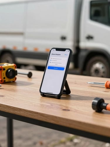 Un tableau de bord de camionnette de chantier propre, un smartphone fixé sur son support affiche une notification SMS lisible, outils de mesure posés à côté, lumière douce du matin.