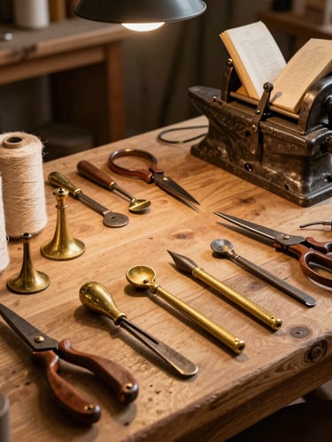 Wide panoramic shot of an organized craftsman workbench, featuring vintage brass hand tools, spools of linen thread, leather shears, and a heavy iron book press under warm, focused lamplight.