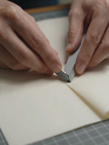 Macro close-up of hands using a bone folder to carefully crease a sheet of heavy parchment paper on a cutting mat, soft side-lighting highlighting the paper texture.