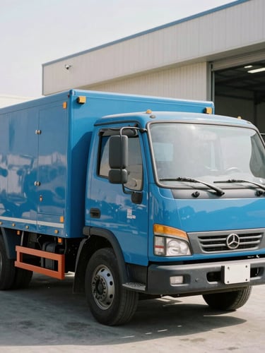 A crisp 35mm photograph of a clean blue service truck parked outside a modern industrial warehouse in Al Quoz Dubai, bright natural daylight, technical utility focus