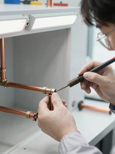 Close-up of a professional technician in clean uniform soldering copper pipes inside a well-lit workshop, bright daylight mixed with utility work lights, sharp focus on the metallic joints, 35mm lens.