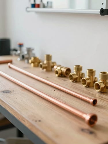A crisp 35mm photograph of a clean organized plumbing workshop in Al Quoz Dubai, copper pipes and professional brass fittings arranged on a wooden workbench, bright natural daylight