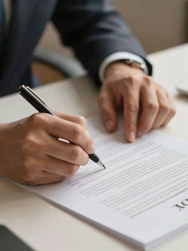A close-up of professional hands signing a structured employment contract on a clean slate table, warm office lighting