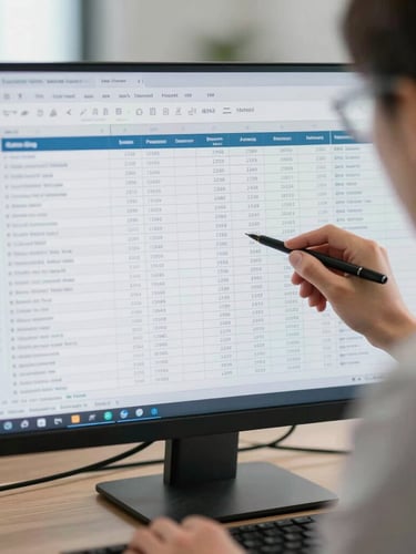 Close-up of financial controller analyzing corporate payroll spreadsheets on a clean monitor, soft office daylight, professional corporate setting.