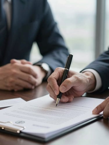 A close-up of professional hands in an elegant Jakarta office signing a corporate service agreement, soft window light, shallow depth of field