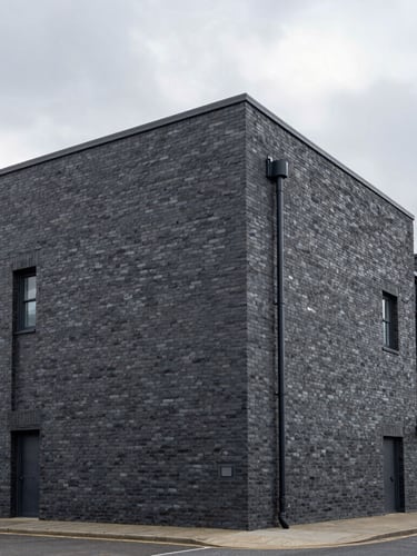 Stark overcast daylight architectural shot of Manchester industrial park, high-contrast slate and charcoal tones, sharp focus, 35mm lens