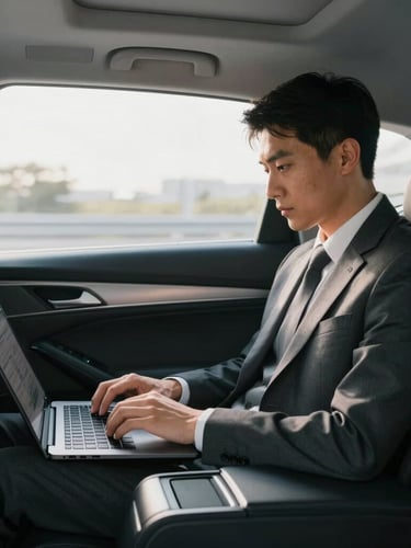 Cinematic side-profile of a business traveler working on a laptop in the rear seat of a clean, late-model executive sedan, cool morning light filtering through the window