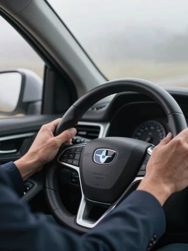 Cinematic close-up of a professional driver's hands on a leather steering wheel, soft morning mist through the windshield, clean executive vehicle interior, premium logistics feel.