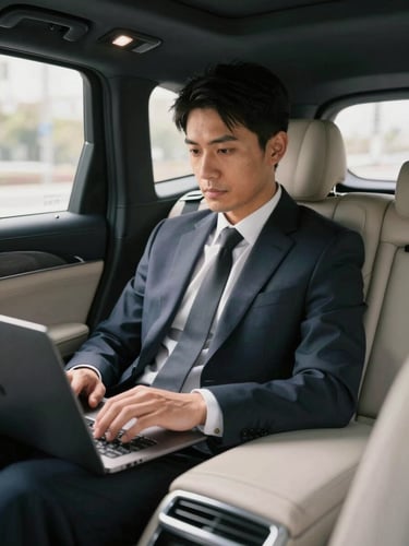 A close-up editorial shot of a business professional working on a laptop in the spacious, clean leather backseat of an executive car, soft natural window light