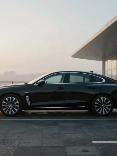 Cinematic side profile of a clean, late-model executive black sedan parked outside Manchester Airport terminal under cool morning mist, soft reflections on the chassis.