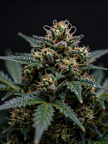 Macro lens shot of a dense, trichome-rich cannabis bud with deep green and purple hues, glistening under dramatic low-key highlights, dark background.