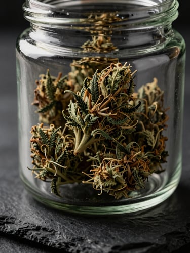 Moody close-up product photography of a premium, clean glass jar containing dense exotic cannabis buds, resting on a dark slate surface, soft golden directional light, 35mm.