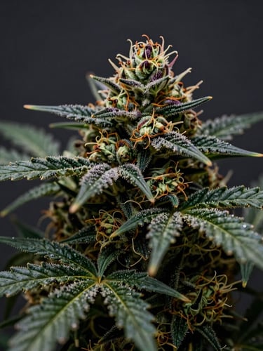 Extreme close-up macro shot of a dense, trichome-rich cannabis bud with deep purple and green hues, dramatic low-key lighting, dark slate background