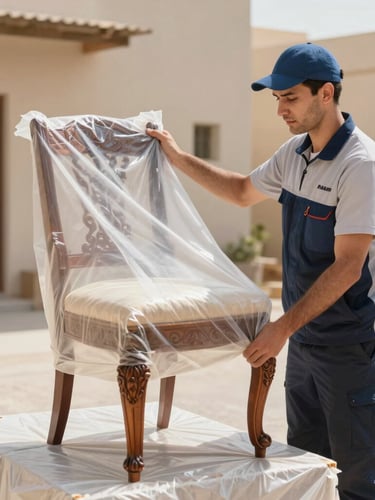 A professional moving specialist in a clean uniform carefully wrapping a premium carved wooden chair in thick protective padding, bright warm Arabian daylight, 35mm lens.