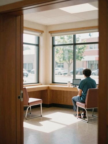 A medium shot of a modern community health clinic interior with warm natural light streaming through windows, rich organic tones, candid framing, shallow depth of field, 35mm