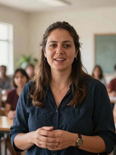 A medium environmental portrait of a female community leader speaking warmly, natural daylight, soft focus background of a community center, 35mm.