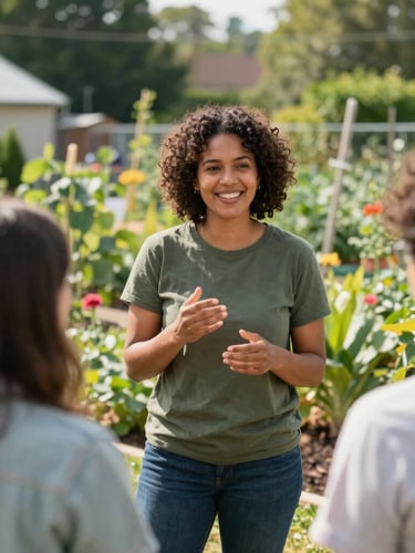 A medium environmental portrait of a local community organizer speaking warmly to a small group in a sunlit community garden, warm editorial photography, natural daylight, rich organic tones, shallow depth of field, 35mm