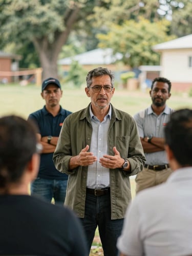 A wide environmental portrait of local leaders speaking at a community development site, natural daylight, rich organic tones, candid framing, shallow depth of field, 35mm