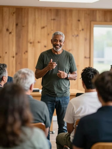 A candid medium shot of a local community leader speaking warmly to a group of listeners in a naturally lit, wood-paneled community room.