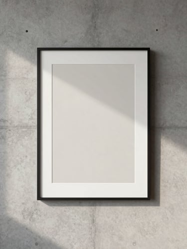 A framed minimalist contemporary art print hanging on a concrete wall in a high-end, architecturally interesting loft, soft natural daylight, 35mm
