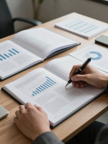 Wide shot of a financial advisor's desk from a medium angle — open folders, printed analysis sheets, and a pen in hand under balanced studio daylight, no faces visible, emphasis on the materials and workspace depth