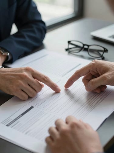 Close-up of financial planning documents spread across a dark desk, a consultant's hands pointing to a structured analysis page, natural side-light from a window, reading glasses resting nearby, calm and focused atmosphere