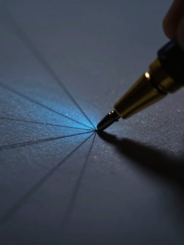 Extreme macro close-up of a brass pen carriage drawing vector lines on textured paper, low-key dramatic single-source lighting, deep shadows with a subtle electric blue ambient fill, 50mm lens