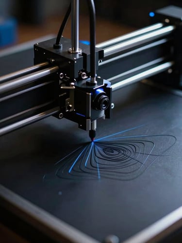 Low-key dramatic shot of a belt-driven pen plotter drawing complex vector lines on a dark workbench, catching metallic edges