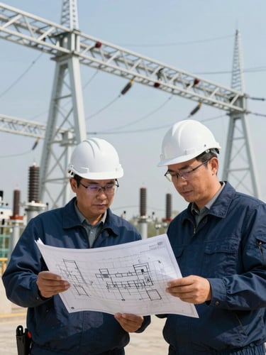 Two electrical engineers analyzing blueprints on-site at a high-voltage substation, massive steel structures and clear daylight, technical focus.