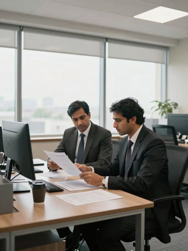Wide office environment shot, two professionals seated across a desk reviewing printed documents together, neutral daylight through large windows, clean corporate interior, Faridabad India