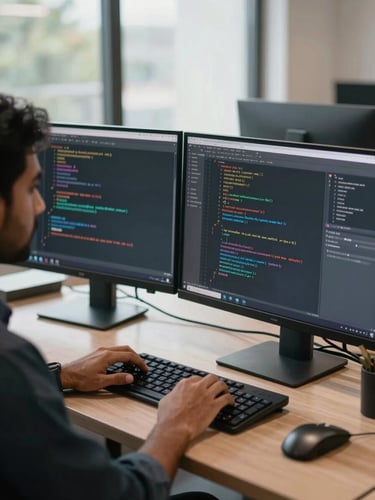 Close medium shot of a software developer at a dual-monitor workstation, hands on keyboard, lines of code visible on screen, daylight from a nearby window, professional Indian office setting