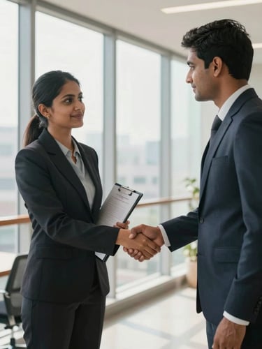 Medium shot of two professionals in a bright office corridor exchanging a firm handshake, one holding a document folder, neutral daylight through wide windows behind them, corporate Indian office environment