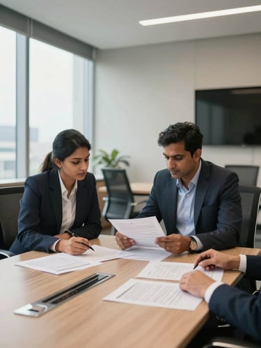 Wide medium shot of a professional meeting room, two colleagues reviewing printed documents across a table, neutral office lighting from a large window on the left, corporate Indian office environment