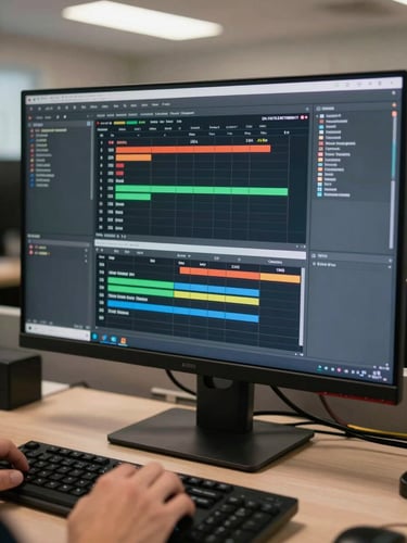 Close-up of a wide operations dashboard monitor mid-session—multiple workflow queue panels visible on screen, a hand resting near a keyboard in the lower frame, overhead office lighting casting clean even illumination across the desk surface, no decorative elements