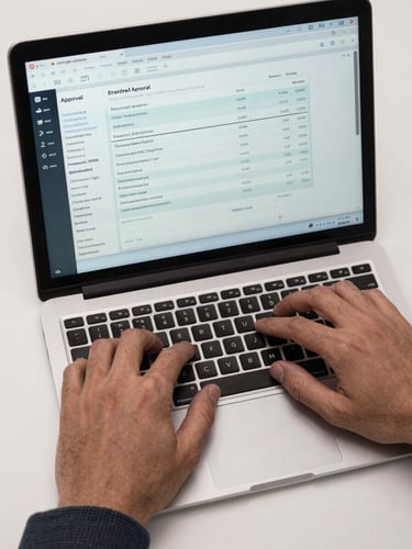 Close-up overhead shot of two hands at a keyboard reviewing an open dashboard with invoice approval queue data on screen, studio overhead lighting, clean desk surface, no people's faces, process-focused framing