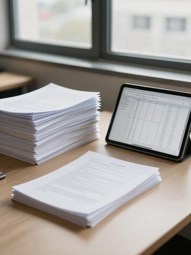 Wide shot of a desk mid-transition: a thick stack of paper forms on the left side, a tablet displaying a clean digital queue on the right side, daylight from an office window illuminating both surfaces evenly, no people visible, sparse and functional workspace