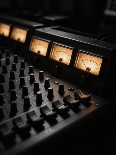 High-contrast cinematic film photography of a vintage analog mixing console with glowing warm gold VU meters, deep shadows, 35mm anamorphic lens