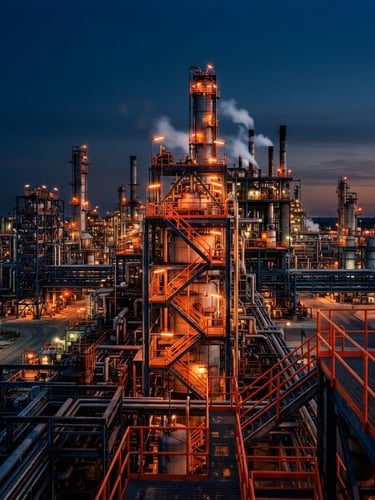 Cinematic industrial facility at dusk, dramatic architectural lighting, deep navy and steel tones with safety orange accents, sharp focus, 35mm