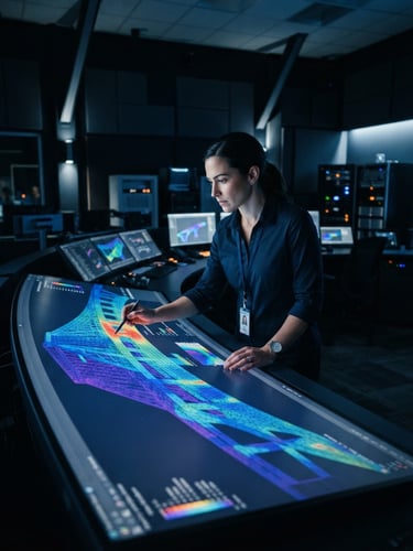 An engineer analyzing a complex finite element analysis FEA structural model on a large screen in a dark high-tech control room, cool blue tones with sharp orange accents, cinematic lighting