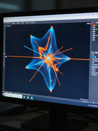 Close-up of a high-precision finite element analysis mesh on a computer screen in a dimly lit engineering office, glowing blue and orange stress points, sharp focus, cinematic industrial photography, 35mm
