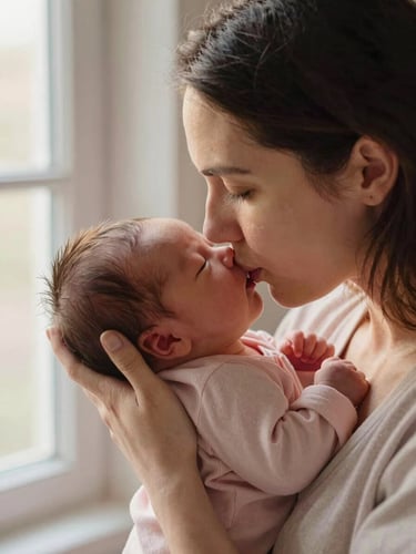 A mother gently kissing her newborn baby's forehead, soft natural window light, warm tones, intimate emotional moment