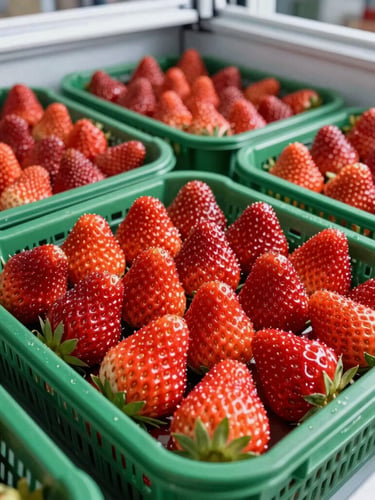 Pristine, dew-kissed strawberries in clean commercial crates inside a modern refrigerated warehouse, bright natural morning light, vibrant red and deep green tones, sharp focus, 50mm lens
