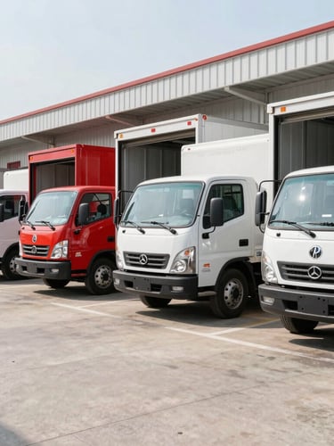 A clean, state-of-the-art climate-controlled distribution center with refrigerated trucks parked at loading bays, professional logistics setup, bright morning light, 50mm lens